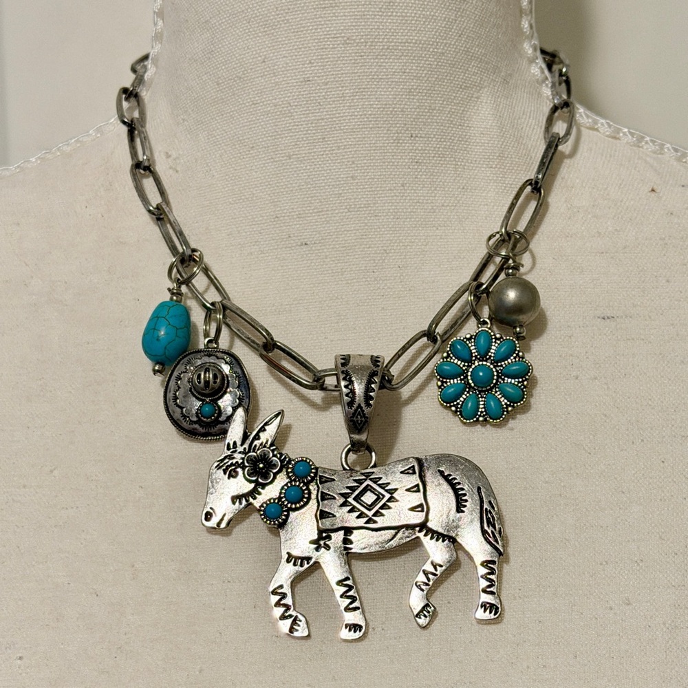 Cowgirl Hat Donkey Charm Necklace Adjustable Chain Teal Silver Southwestern